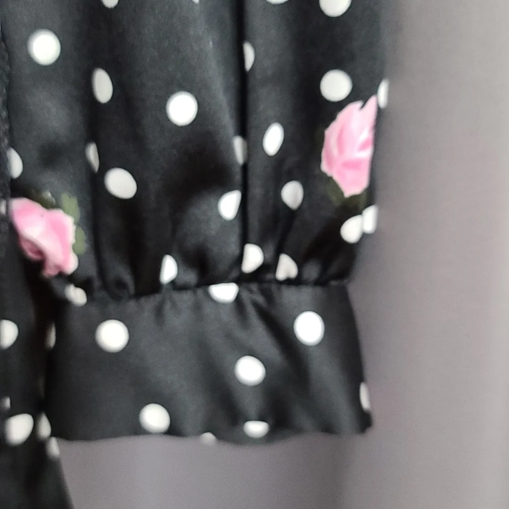 VTG‎ Petite Lanz USA Dress Black W/White Polka-dots/Pink Roses Pockets Sz 2 READ